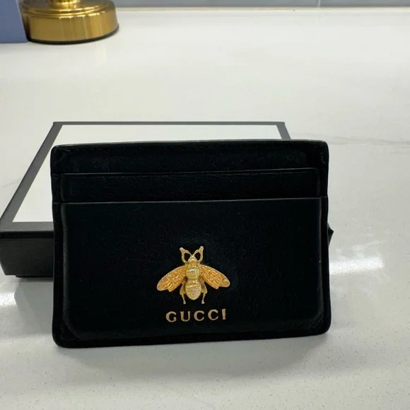 Gucci Black Card Holder with Gold Bee Accent - Picture 2 of 6